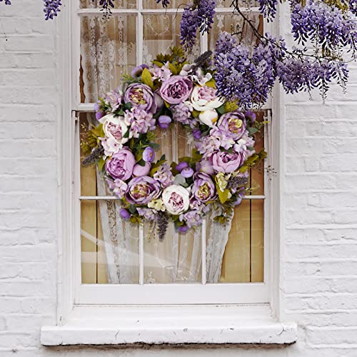BOMAROLAN Artificial Peony Flower Wreath 19Inch Vintage Blooming Silk Peonies Spring Summer Fall Winter Large Wreaths Flower Green Leaves for Outdoor Front Door Indoor Wedding Wall Or Window Décor - color: Purple