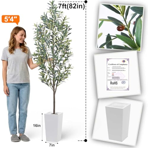 Aveyas 7ft Artificial Olive Tree for Home Decor, 7 Feet Large Faux Plant Fake Skinny Silk Trees with Pot for Indoor Outdoor House Living Room Office (7 ft Tall Including Raised Pot) - color: Olive Tree (7ft)