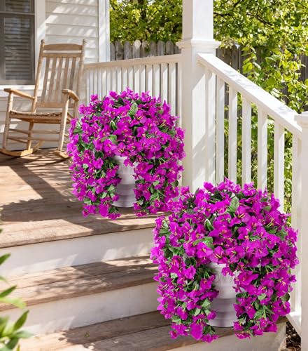 Faux Bougainvillea Artificial Flowers Plants for Outdoors Outside Decoration, 2 pcs Purple Fake Flowers UV Resistant Look Real Silk Long Trailing Vines for Front Door Porch Planter Urn Patio Garden - color: Purple