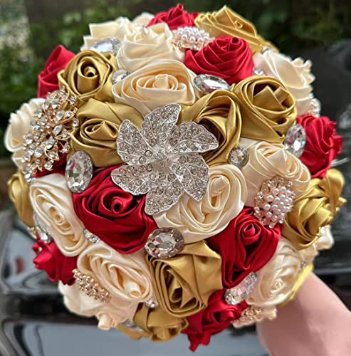 Sharebeauty 8.3" Handmade Satin Rose Bridal Bouquet Toss Round Wedding Bouquet Throw Toss Artificial Flower Bunch Dark Red + Pale Gold + Cream - color: Dark Red/Pale Gold/Cream, size: 8.3"/21cm