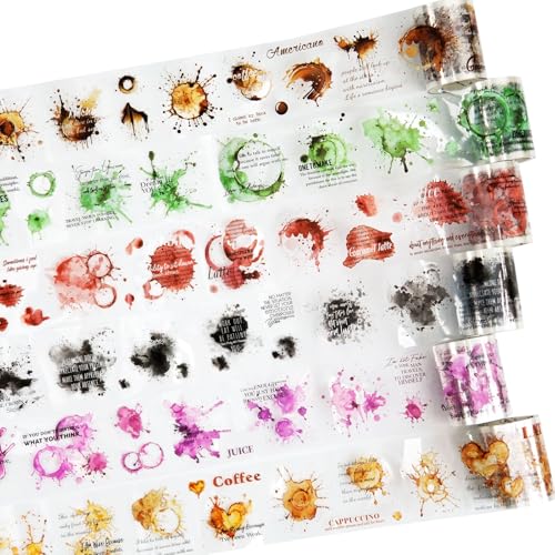 Memories of Coffee PET Tape Set, 6 Rolls Vintage Coffee Stain Stickers with Clip for Scrapbooking, Journaling, DIY and Crafts Supplies - color: Coffee Memory