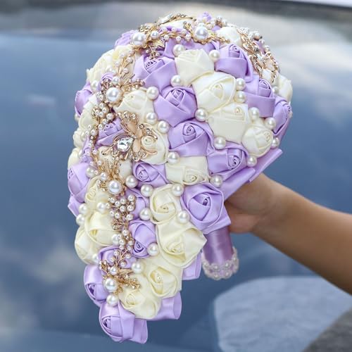 Handmade Satin Rose Water Drop Bridal Bouquet,8.7inch Crystal Wedding Round Tossing Bouquet,Jewelry Proposal Bridesmaid Bouquet Groom Corsage Bride Wrist Flower Ivory (Light Purple&Ivory) - color: Light Purple&ivory