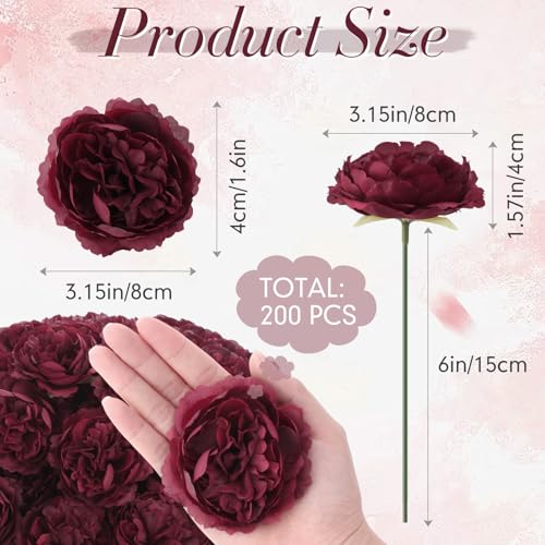 Thiccywoov 200 Pcs Flowers Long Stem Artificial Rose Bulk, 3.2 Inches Silk Rose Head Flowers Faux for Wedding Bridal Bouquet Independence Day Home Floral DIY Centerpieces Party Decoration(Burgundy) - color: Burgundy
