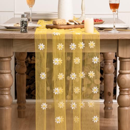 Artoid Mode Yellow Daisy Gauze Embroidery Table Runner 120 Inch 10FT, Tulle Seasonal Spring Kitchen Dining Holiday Table Decor for Home Party - color: Yellow