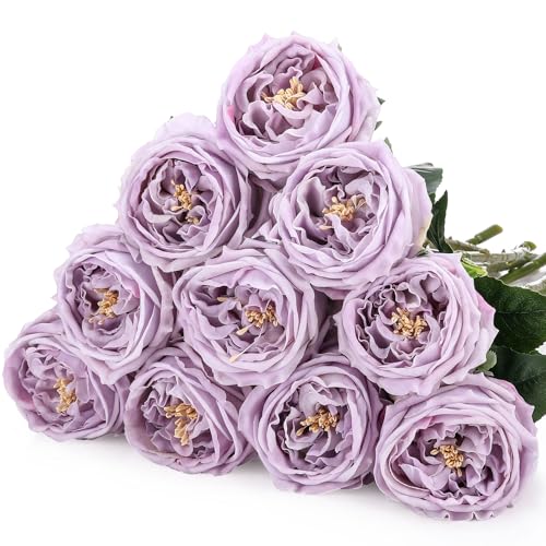 Daifunli 10pcs Real Lifelike Peonies Artificial Flowers, Faux Austin Rose with Long Stem Look Real Fake Flower for Christmas Valentines Arrangement Wedding Party Home Kitchen Decor(Light Purple) - color: Light Purple