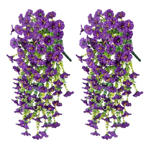 Ivydale 2 PCS Artificial Hanging Flowers Fake Plants Outdoor,Silk Morning Glory Faux Flowers with Eucalyptus Leaves,UV Resistant Realistic Hanging Petunias Plants for Home Garden Decor (Purple) - color: Purple