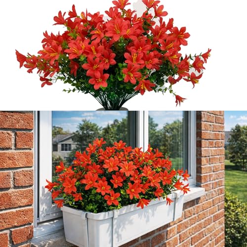 8 Bundles Artificial Flowers, Fake Lilies Silk Flower Plants with 21 Heads per Bouquet for Indoor/Outdoor Wedding Home Vases Floral Arrangements Decor, Red - color: Red