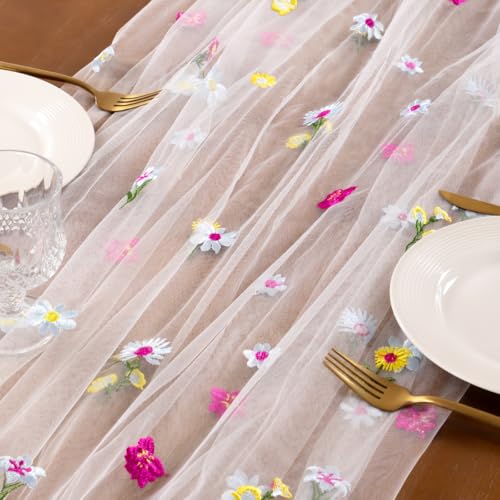 Socomi Flower Table Runner Summer Daisy Floral Tulle Gauze Cheesecloth Embroidery Table Runners for Tea Party Garden Wedding Bridal Baby Shower Birthday Picnic Decor Ivory White 3pcs - color: Flower Ivory, size: 10ft X 3pcs