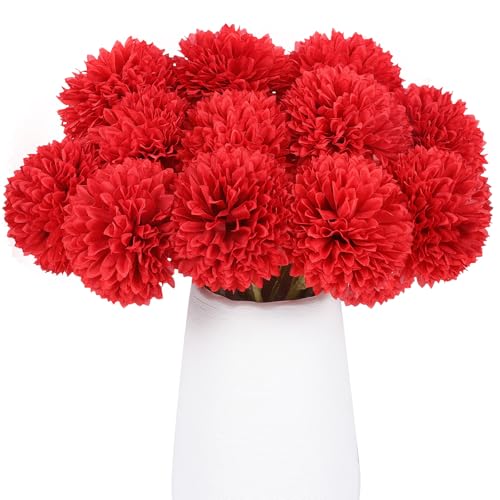 Rowfad 12 Pcs Artificial Chrysanthemums Flowers Silk Red Ball Flowers Fake Mums Flowers for Christmas Wedding Floral Table Centerpiece Home Decor (12, Red) - color: Red