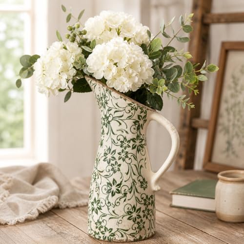 10" Farmhouse Pitcher Vase – Tuscan Green Scroll Ceramic Vase with Handle, Vintage Floral Decorative Jug for Kitchen Counter, Table, Mantel Decor - size: Tall – Pitcher Vase