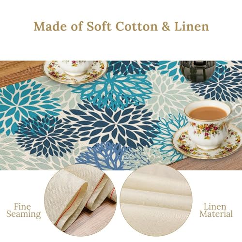 Blue Floral Table Runners Boho Dahlia Chrisanthemum Flowers for Dining Room Dinner Runner Kitchen Indoor Outdoor Patio Party Decor Fabric 1 Panel W13xL36in - color: Flower-4, size: 13"W x 36"H