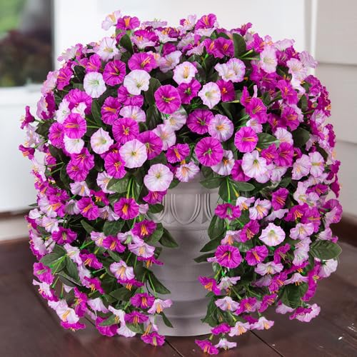 HyeFlora Artificial Fake Hanging Flowers Plants for Outdoor Outside, 2PCS Faux Silk Morning Glory Trailing Vines UV Resistant Look Real for Home Planter Porch Patio (Light Fuchsia+Fuchsia) - color: Light Fuchsia+fuchsia 2