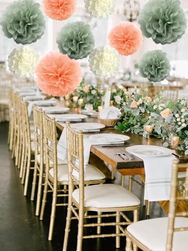 10-Pack Peach Champagne Sage Green Cream Party Decorations Hanging Tissue Paper Flowers Pom Poms Backdrop for Blush Wedding Bridal Shower Birthday