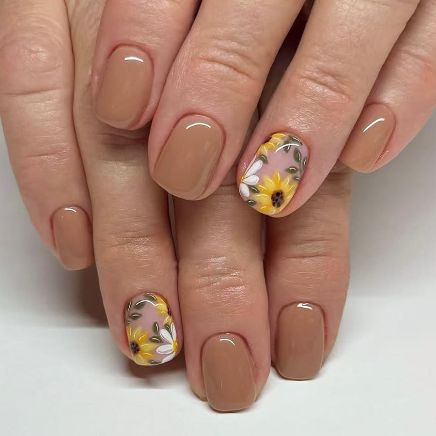 Brown Flower Press on Nails Short Square Fake Nails with Yellow Cute Daisy Sunflower Fall Designs Glossy Acrylic Kit Simple Stick on False Nails for Women Girls 24Pcs