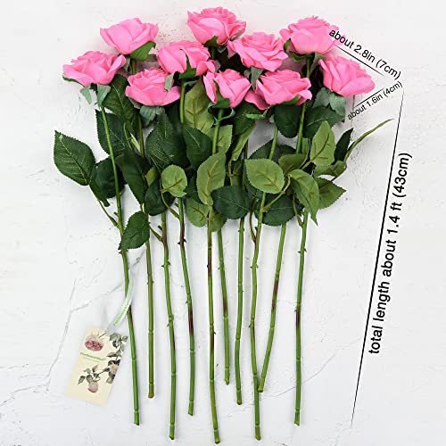 FiveSeasonStuff Rose Pink Real Touch Artificial Roses, 12 Faux Silk Flower Stems with Bendable Wire and Green Leaves for Vase Arrangements - color: Rose Pink