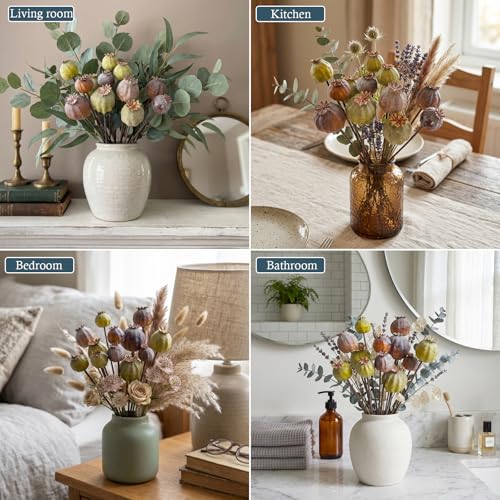Artificial Flowers -12Pcs Artificial Poppy Pods, Real Touch Flowers for Bathroom,Coffee Table,Wedding, Home,Party Decoration,Table Centerpiece Arrangement (Green & Brown,No Include Vase)