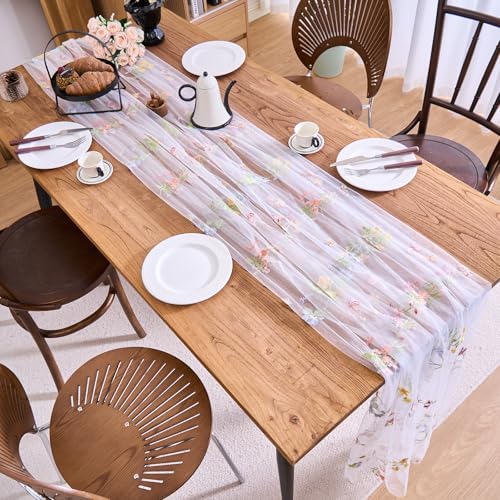 vctops 2 Packs Embroidery Lace Fall Table Runner 10ft Floral Garden Seasonal Tulle Table Runner Holiday Kitchen Dining Table Decoration for Wedding Party Baby Shower Birthday (White,30"x120") - color: White