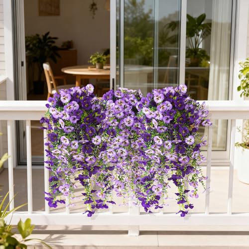 Fake Artificial Flowers for Outdoors, 4 Pcs Faux Hanging Pansy Flowers Spring Summer Decor, UV Resistant Fake Plants Silk Flower for Planter Front Door Porch Patio Yard Garden(Gradient Double Purple) - color: Double Purple