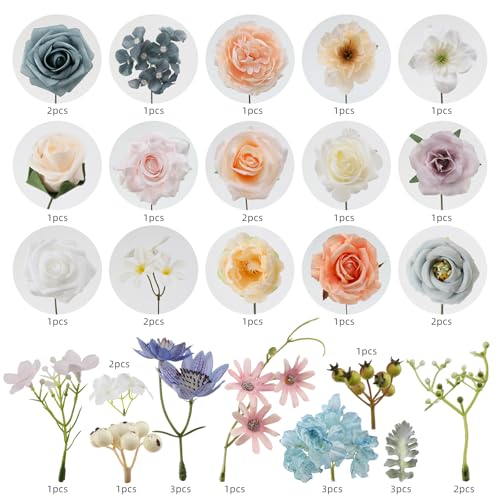 Kisflower Artificial Flowers Combo Dusty Blue Cake Flowers Decorations Fake Hydrangea Dahlia Silk Rose Gift Box for DIY Wedding Bridal Bouquet Floral Arrangement Party Holiday Decor (Fairy Blue&Pink) - color: Fairy Blue&pink