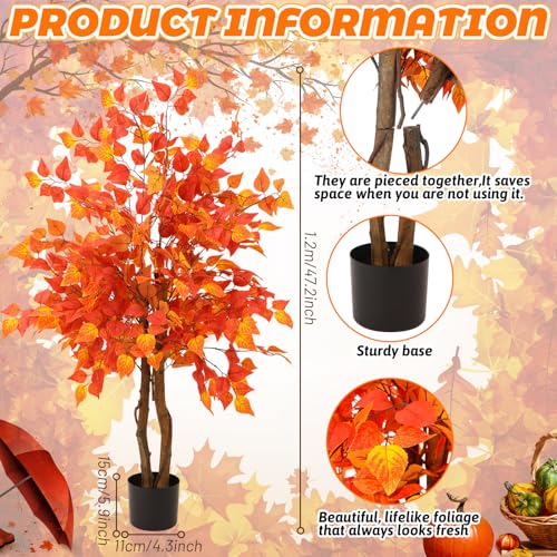4ft Fall Eucalyptus Tree Artificial Ficus Fall Autumn Tree Decor Artificial Faux Plants Decor with Silk Leaves for Party Porch Fireplace Front Door Outdoor Indoor Office - color: Orange Red