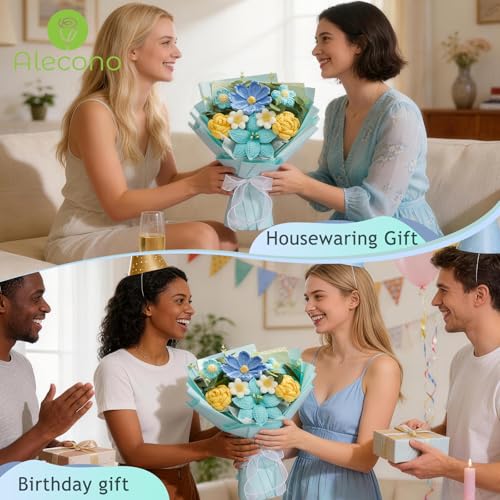 Alecono Crochet Flower Bouquet, Blue and Yellow Handmade Knitted Flowers, Crochet Tulips Galsang Flower for Lover Anniversary Birthday Mother's Day Graduation Gifts (with Card) - color: Light Blue, Yellow, size: Large