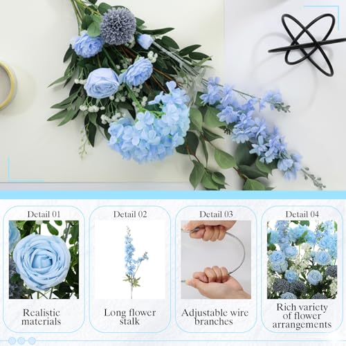 Suncalla 36 Pcs Blue Artificial Flowers Bouquet Set 8 Kind Faux Delphinium Rose Peony Chrysanthemum Hydrangea Baby's Breath Florals with Greenery Long Stem for Wedding Table Vase Decor - color: Blue