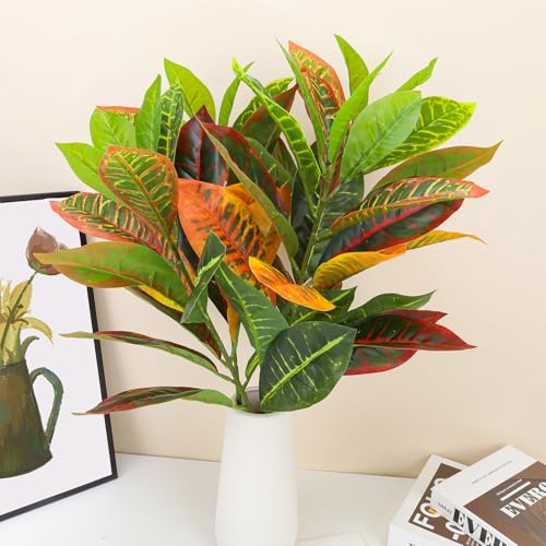 Gresorth 29" Fake Croton Decoration Lifelike Long Stem Plant Model Artificial Branch Bouquet Faux Gradual Houseplant Fireplace Centerpieces 4pcs - color: E
