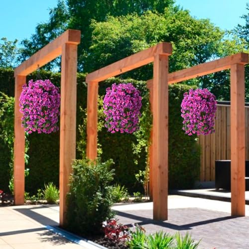 INQCMY Artificial Fake Hanging Plants Flowers Basket for Spring Summer Outdoor Outside Decoration,Faux Silk Begonia Flower in Planter Look Real UV Resistant for Home Porch Patio Balcony Yard Decor - color: Light Purple