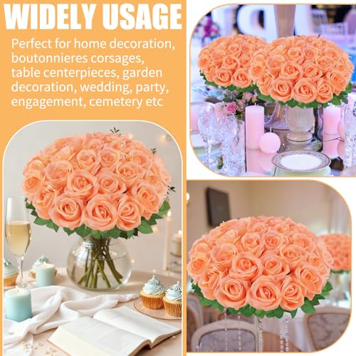 36 Pcs Peach Pink Artificial Roses with Long Stems, Fake Silk Rose Artificial Flowers Bulk for Bridal Wedding Bouquet Centerpiece Ball Arrangement Party Decor - color: Peach Pink