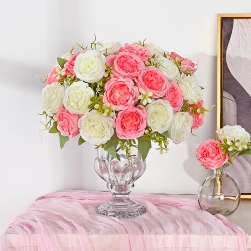 MARTINE MALL 2 Packs Peonies Artificial Flowers, Mixed White Pink Artificial Peonies, Silk Peonies Flowers Fake Peonies Artificial Flowers Peonies Bouquet for Centerpiece Table Wedding Home Decor - color: Mixed White Pink, size: 2PCS