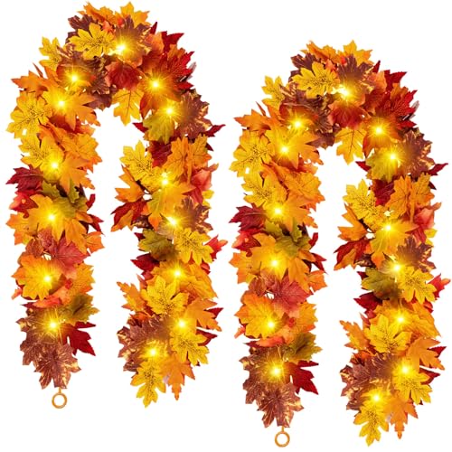 Fall Maple Leaf Garland with Yellow Lights, 2PCS Thanksgiving Artificial Hanging Fall Leave Vines with 20 LED, Yellow Floral Garlands Halloween Autumn Decor for Home Wedding Party (11.8FT) - color: 2 Yellow With 2 Yellow Lights