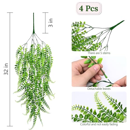 Waipfaru 4Pcs Fake Ferns Fake Hanging Plants Artificial Ferns for Outdoors，UV Resistant Plastic Fake Plants for Indoor Wall Porch Wedding Party Holiday Decor - color: Ferns, size: 4Pcs Plants