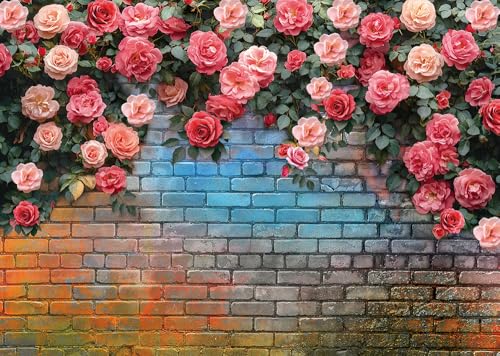 7x5ft Pink Rose Flower Backdrop Colorful Brick Wall Flowers Backdrops Wedding Birthday Party Baby Showers Decorations Background - size: 7x5ft