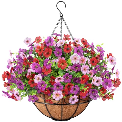 Artificial Fake Hanging Flowers Plants Basket Outdoors, Faux Silk UV Resistant Look Real Daisy Eucalyptus for Spring Summer Garden Porch Home Patio Balcony Yard Decorations, Red Purple Pink - color: Red and Purple and Pink