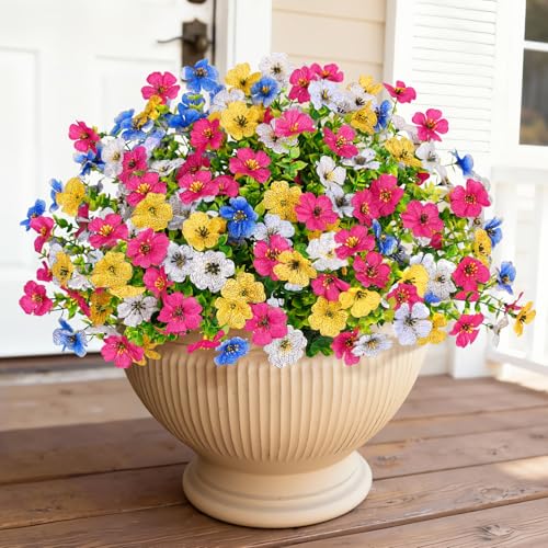 Bassion Artificial Flowers for Outdoors, 16 Bundles UV Resistant Fake Flowers Realistic Silk Faux Plants for Outdoor Planter Window Box Porch Patio Garden Home Outside Decorations - color: Fuchsia Blue Yellow White