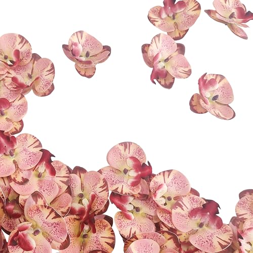 Fake Orchids Artificial Flowers Heads, 3.5''Fake Orchid Heads for Wedding Floral Bouquet Decor DIY Craft Making Bridal Shower Photography Props (80, Pink+Burgundy) - color: Pink+burgundy