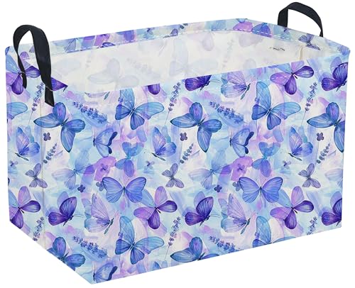 Rectangular Purple Butterfly Baskets,Foldable Waterproof Outdoor Purple Gift Basket with Handle,Baby Storage Basket,Girls Baskets,Butterfly Room Decor(Cute Butterfly) - color: Cute Butterfly