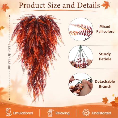 Daifunli 8 Pcs Artificial Fall Hanging Plants Fake Hanging Ferns Plastic Autumn Faux Plants for Wall Room Garden Garland Indoor Outdoor Decor No Basket (Fall Boston) - style: Fall Boston