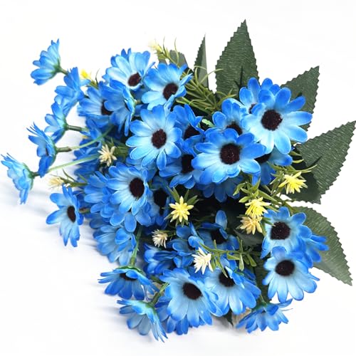 Artificial Flowers Daisies for Outdoors Silk Daisy Realistic Plants Decor, Fake Plant Bunches for Indoor Home Garden Verandah Kitchen Office Table Centerpieces Arrangements DIY Decorations Blue Flower - color: Daisy - Blue - 4 Bundles