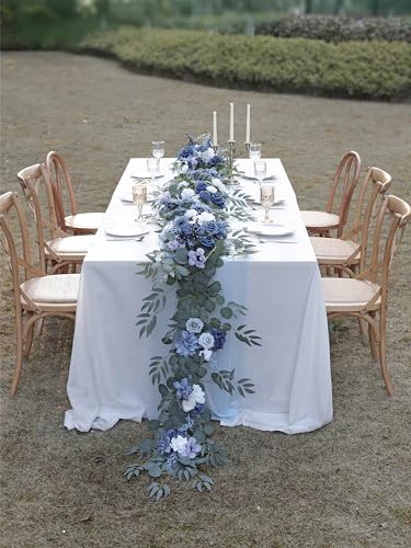 MISSPIN 9FT Eucalyptus and Willow Leaf Garland,Artificial Flowers Fake Flower Peony Rose Vine Greenery Decorative Wall Hanging Plant for Wedding Arch Door Arrangement Party Decor - color: Dusty Blue & Navy