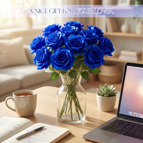 Hotop 80 Pcs Rose Artificial Flowers Bulk with Long Stem, Silk Roses Realistic Fake Flowers Bouquet for Wedding Table Centerpieces Bridal Shower Party Home Decorations (Blue) - color: Blue