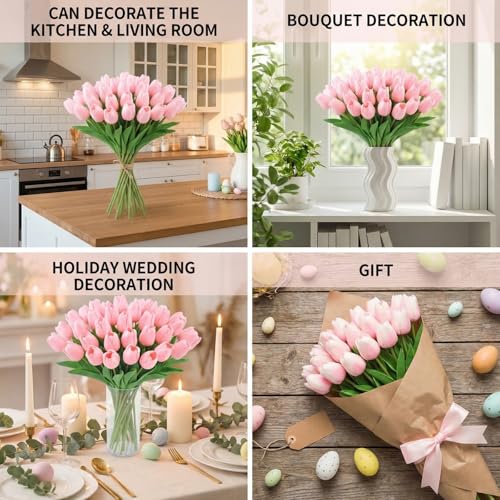 30 Pcs Pink Artificial Tulips with Clear Vase, Realistic Faux Tulip Bouquet in Vase, Fake Flowers Arrangement for Spring Floral Centerpiece for Home Office Table Decor