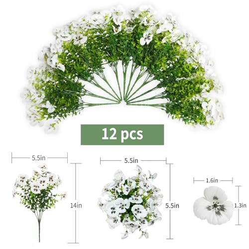 SupBri 12 Bundles Artificial Flowers for Outdoor, UV Resistant Fake Pansy Flowers, Silk Faux Fowers for Outdoor Planters Home Garden Office Patio Front (White) - color: White
