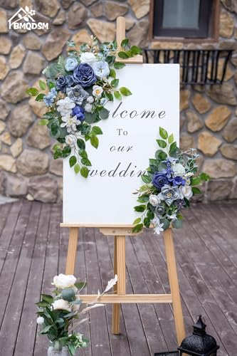 Wedding Welcome Signs Floral(Pack of 2)，Wedding Arch Flowers for Wedding Decorations and Reception Backdrop Decoration (Blue) - color: Blue