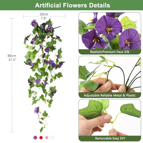 INQCMY Artificial Hanging Flowers Fake Plants for Outdoors Spring Summer Decor, 4 Pcs Silk Morning Glory Faux Flowers UV Resistant, Realistic Flowers Hanging Petunias for Outside Porch Patio Planter - color: Mix