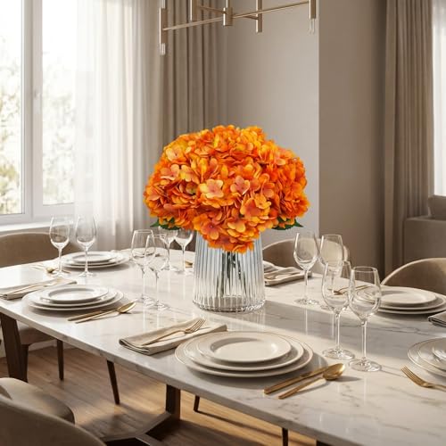 Artificial Fake Flowers Plants Silk Hydrangea 1 Flower Head 5Pcs Stem For Arrangements Wedding Bouquets Decorations Plastic Floral Table Centerpieces Home Kitchen Garden(Burn Orange) - color: Burn Orange