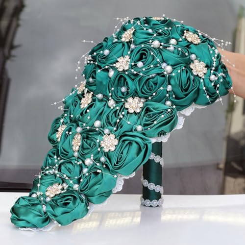 Luxury Cascade Bridal Wedding Bouquet Satin Rose Waterfall Holding Bouquet Artificial Flower Bunch for Bride Bridesmaid(Dark Green, 15" x 7.5") - color: Dark Green #2, size: 15"L x 7.5"W(38cm x 19cm)