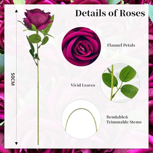 10 PCS Artificial Roses with Long Stems Silk Flowers Realistic Foam Flowers Fake Roses for Valentine's Day Home Wedding Halloween Decor(Rose Red) - color: Rose Red