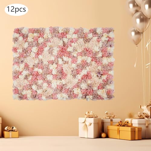 Artificial Flower Wall Panels, Set of 12 Shown in The Pic Dahlia Rose Hydrangea Backdrop, Silk Fabric with 100 Cable Ties, Reusable Party Wedding Home Wall Decor (15x18 Inch) - color: Shown in the Pic