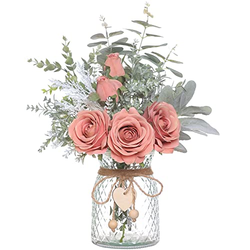 Faux Flowers with Vase,Artificial Silk Roses in Vase, Fake Plant Eucalyptus Flower Arrangement for Home Office Farmhouse Bathroom Dining Table Centerpiece Decorations Coffee Table Decor (Dusty Pink) - color: Dusty Pink
